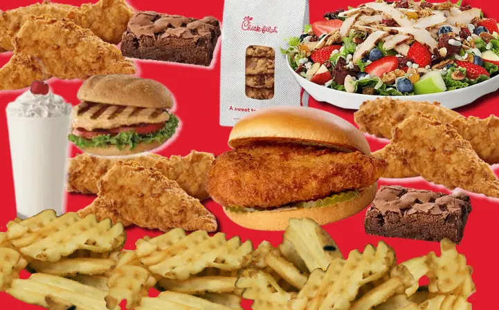 Collage of chicken sandwiches, fries, milkshake, brownies and chicken nuggets from Chick-fil-A.