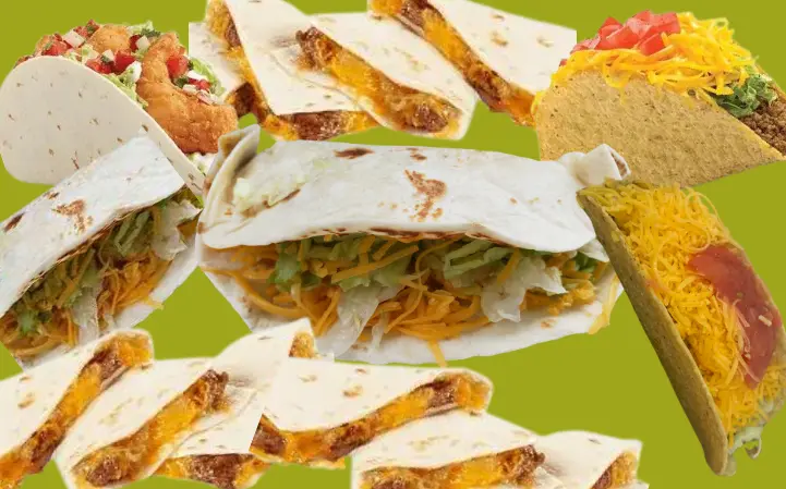 Collage of burritos and tacos from Del Taco fast food restaurant.