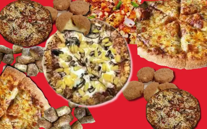 Collage of Domino's pizzas and breadsticks.