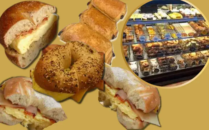 Collage of bagel sandwiches and croissants at Einstein Bros Bagels restaurant.