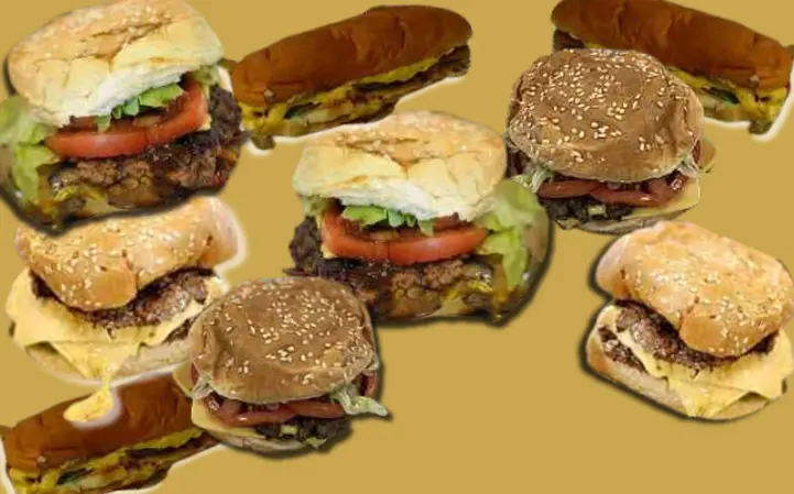 Collage of burgers and hot dogs from Five Guys.