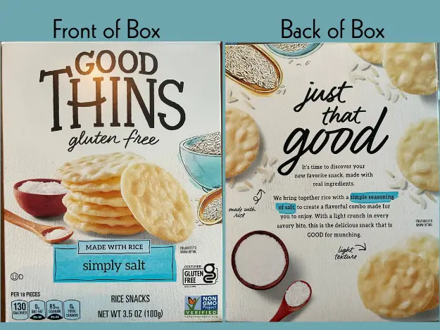 Front and back view of packaging for Good Thins crackers.