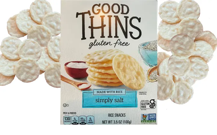 Front packaging of Good Thins Simply Salt crackers with crackers in background.