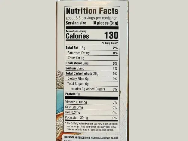 Nutrition facts label and ingredients printed on side of box of Good Thins crackers