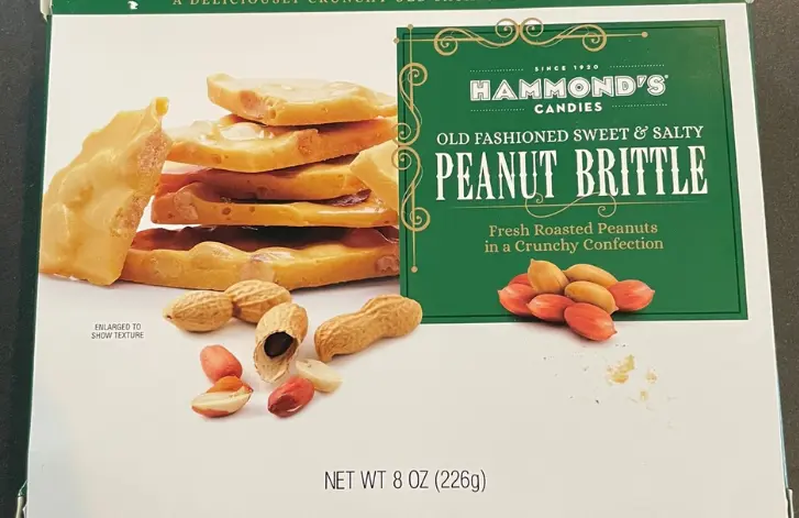 The front of a box of Hammond's Candies Peanut Brittle