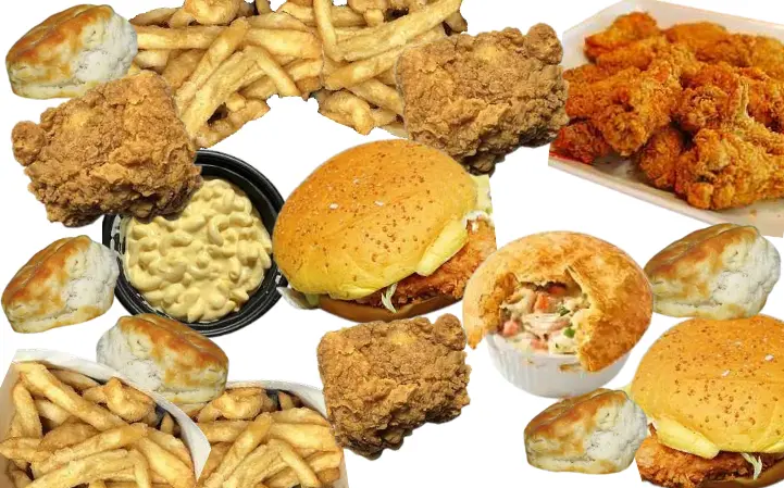 Collage of fried chicken, biscuits, and fries from KFC fast food restaurant.