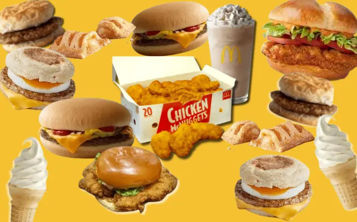 Collage of burgers, egg sandwiches, ice cream, and McNuggets from McDonald's.