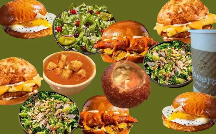 Collage of soup, salads, and sandwiches served at Panera Bread restaurant.