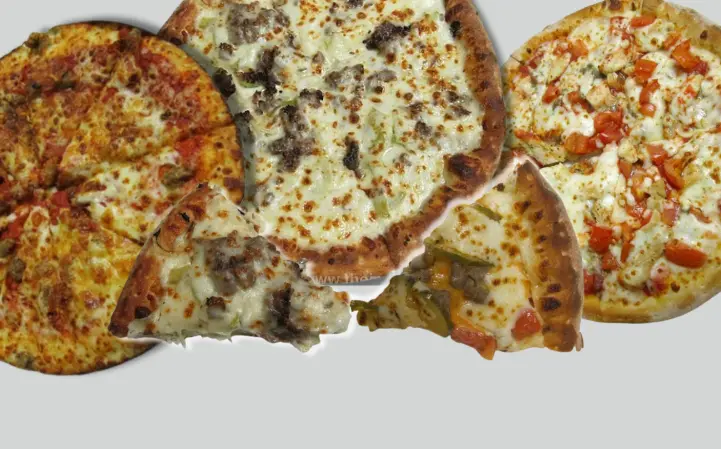 Collage of whole pizzas and pizza slices from Papa John's Pizzeria.