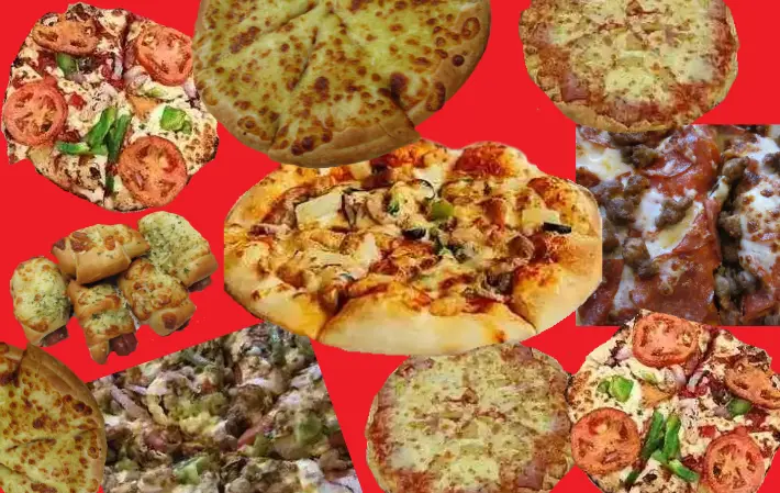 Collage of pizzas and side dishes served at Pizza Hut.