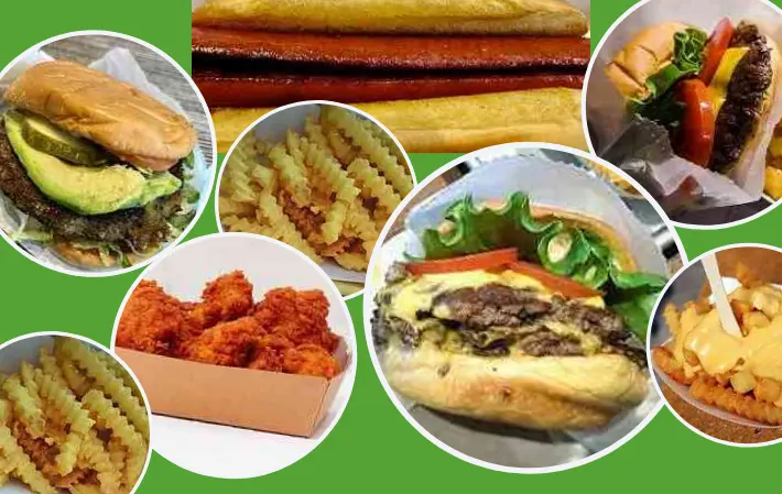 Collage of burgers, fries, hot dogs, and chicken bites from Shake Shack fast food restaurant.