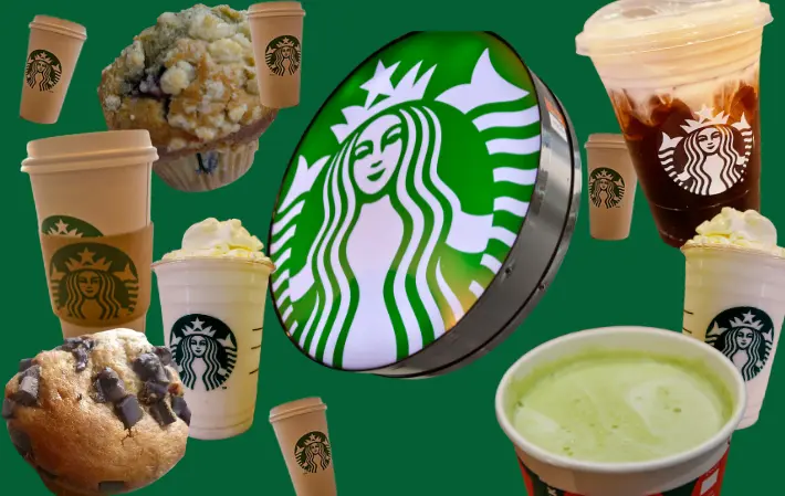 Collage of coffee drinks and muffins from Starbucks.