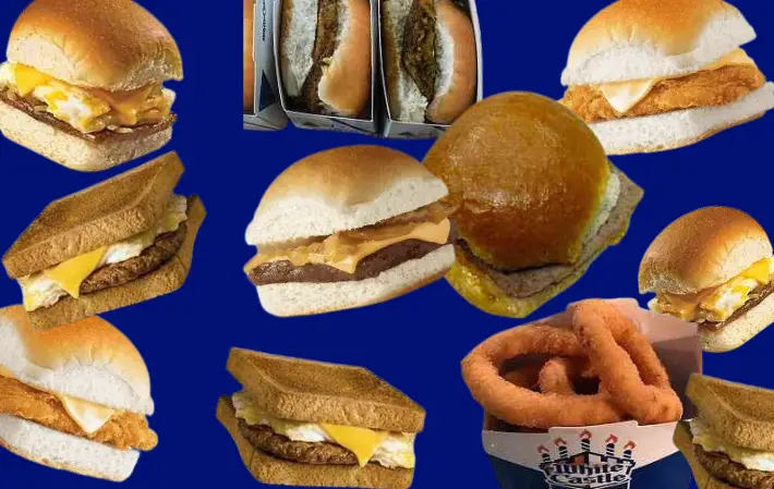 Collage of sliders, onion rings, egg sandwiches from White Castle fast food restaurant.