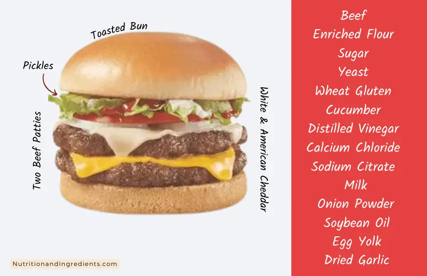 Double patty double cheese stackburger from Dairy Queen with text listing many of the ingredients in the cheeseburger.