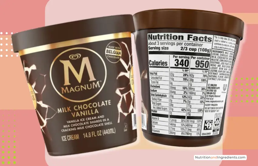 Tub of Magnum chocolate vanilla ice cream with copy of nutrition facts label.