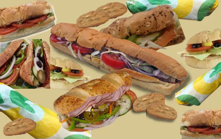 Collage of sandwiches and cookies from Subway quick serve restaurant.