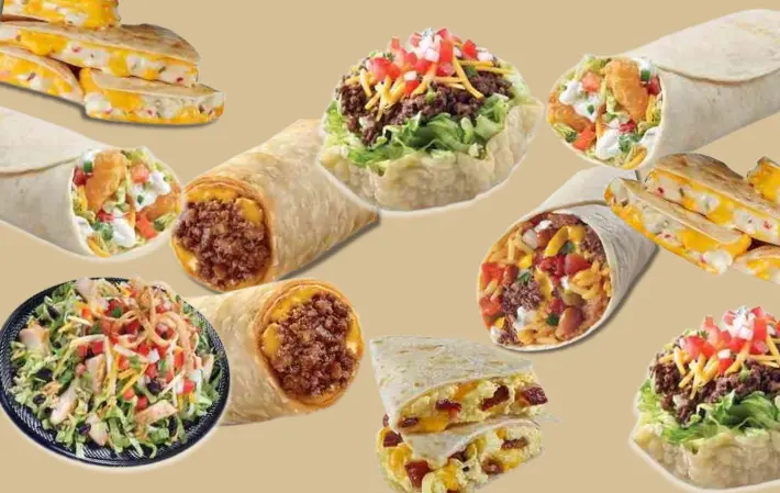 Collage of burritos, tacos, salads offered on the menu at TacoTime restaurant.