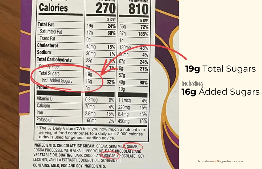 Nutrition facts label for chocolate ice cream.