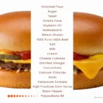 McDonald's cheeseburger with text listing ingredients.