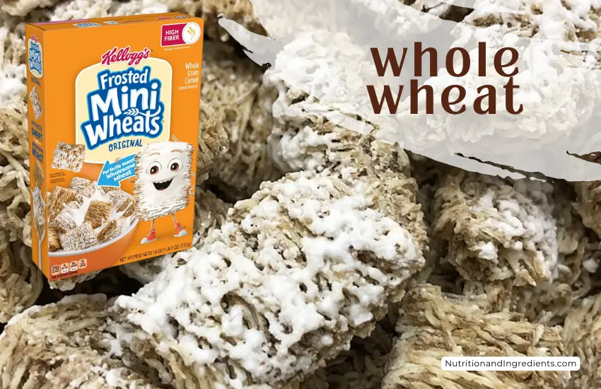 Package of frosted mini wheats cereal with text 'whole wheat'