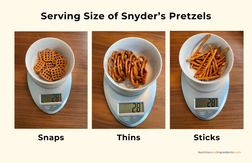 3 bowls of pretzels on scale to illustrate serving size of 28 grams.