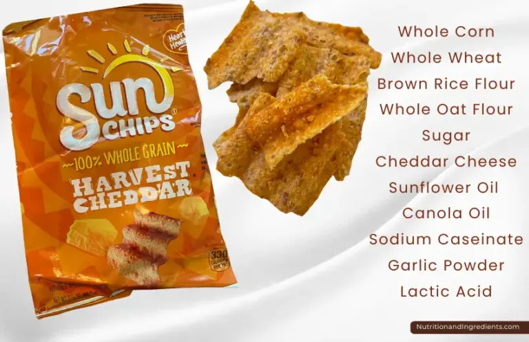 Package of Harvest Cheddar and small serving of cheddar SUNCHIPS with text listing select ingredients.