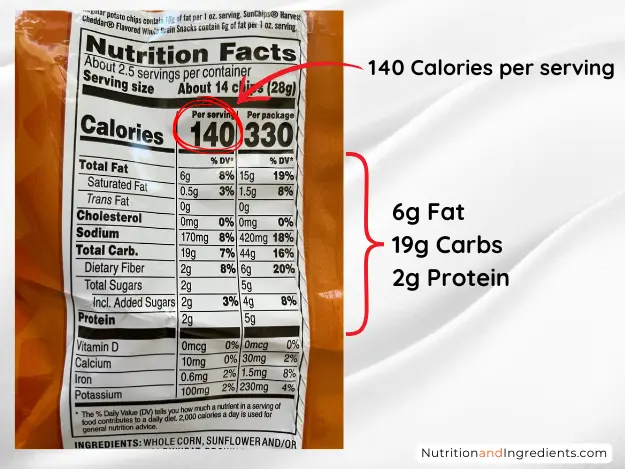 Nutrition facts label from package of Harvest Cheddar flavored SUNCHIPS