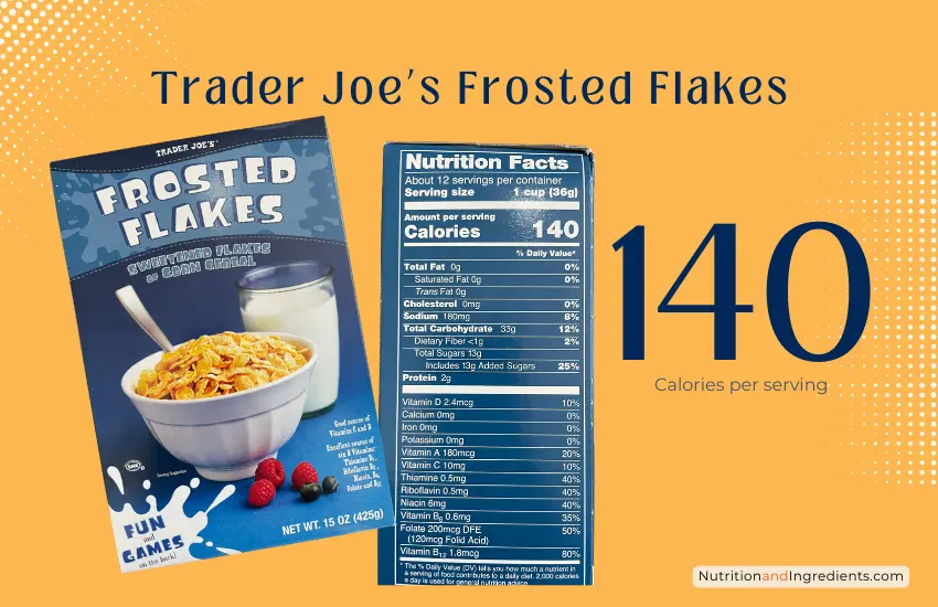 Package of Trader Joe's Frosted Flakes cereal with text '140 calories'.