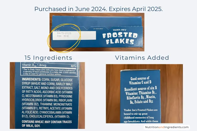 Portions of Trader Joe's Frosted Flakes cereal box showing expiration date and ingredients.