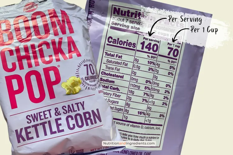 Bag of Boom Chicka Pop Kettle Corn and nutrition facts label.