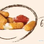 Order of six mozzarella sticks with marinara sauce and text '650 calories'.