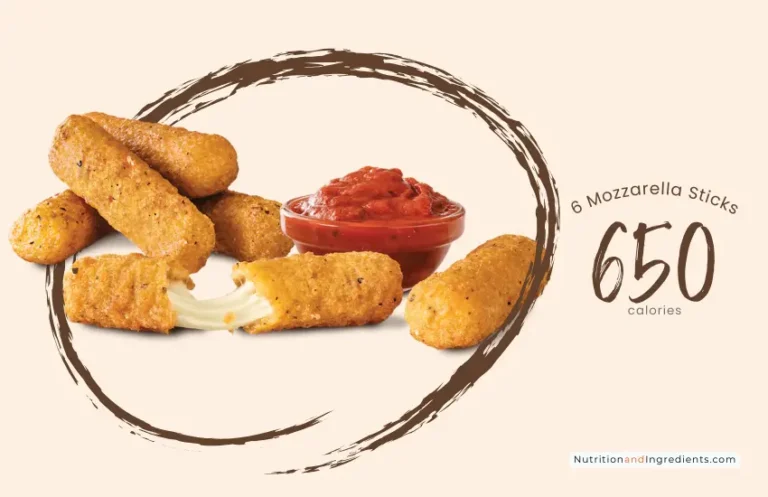 Order of six mozzarella sticks with marinara sauce and text '650 calories'.