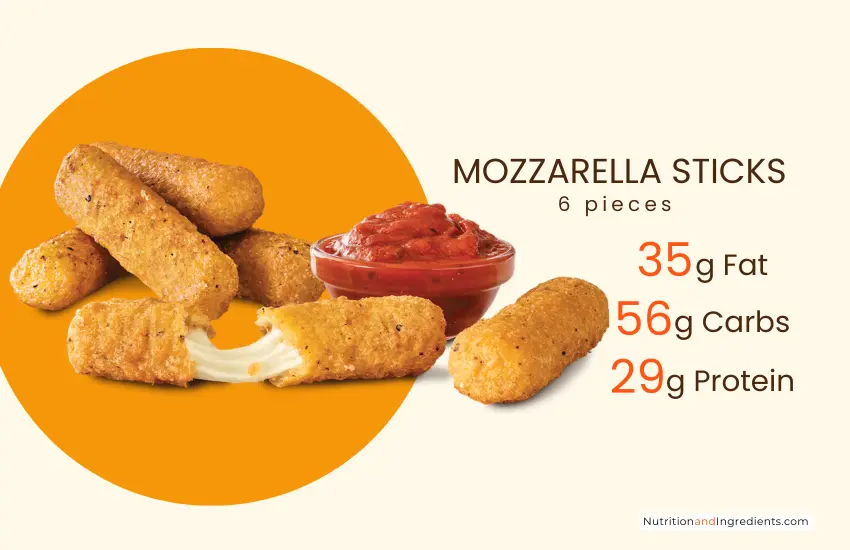 Order of 6 mozzarella sticks with list of nutrition facts summary.