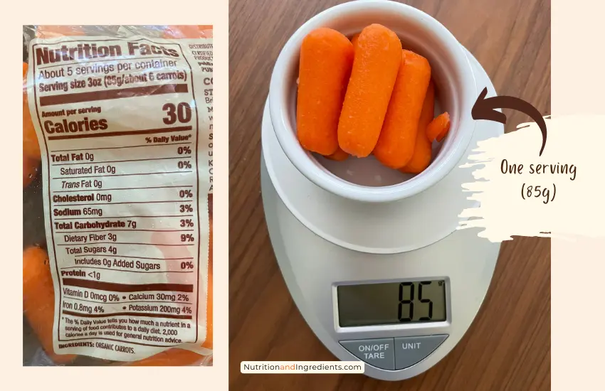 Baby carrots in small bowl on scale illustrating serving size.