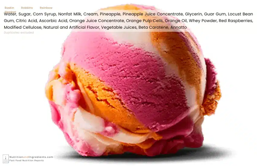 Scoop of Baskin Robbins rainbow sherbet with text list of ingredients.