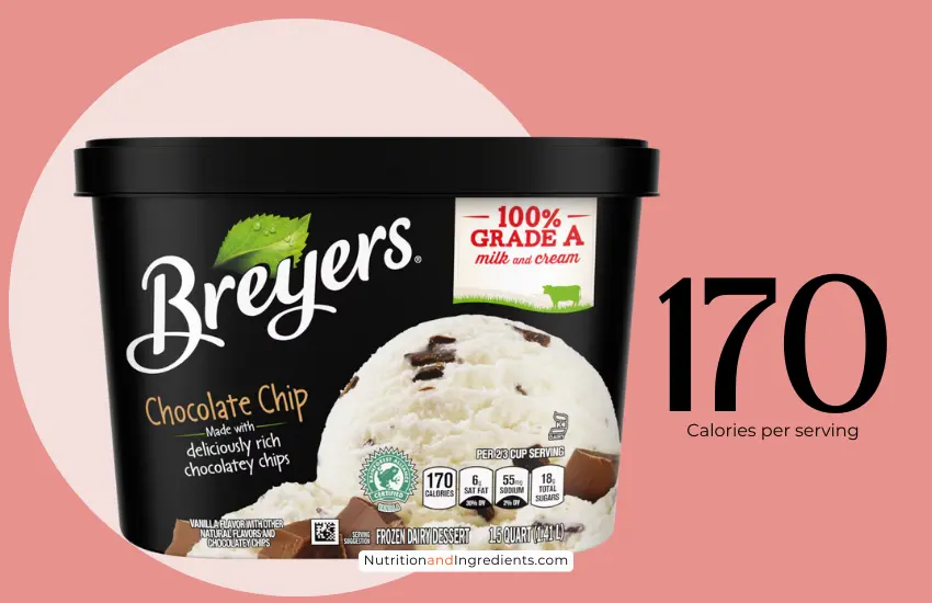 Container of Breyers vanilla frozen dessert with chocolate chips.