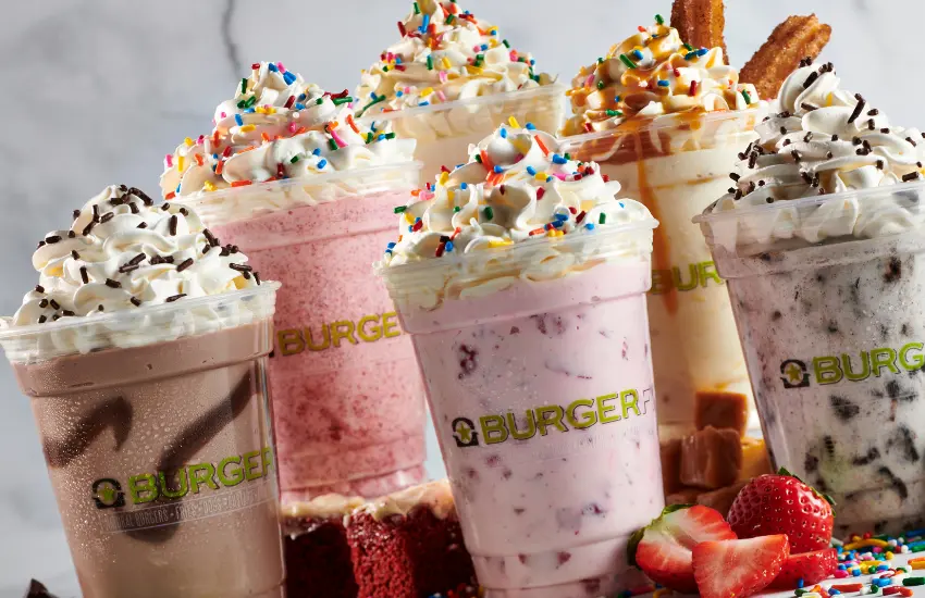 Group of various flavored shakes from Burgerfi restaurant.