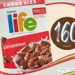 Box of Cinnamon Life cereal with text '160 calories'.