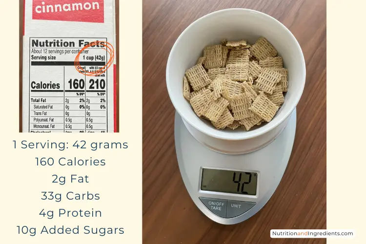 One bowl of cinnamon life cereal on scale showing 46 grams.