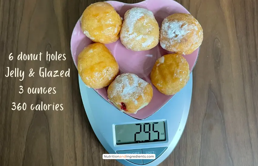 Plate of Dunkin' Munchkins on scale with text '3 ounces'.