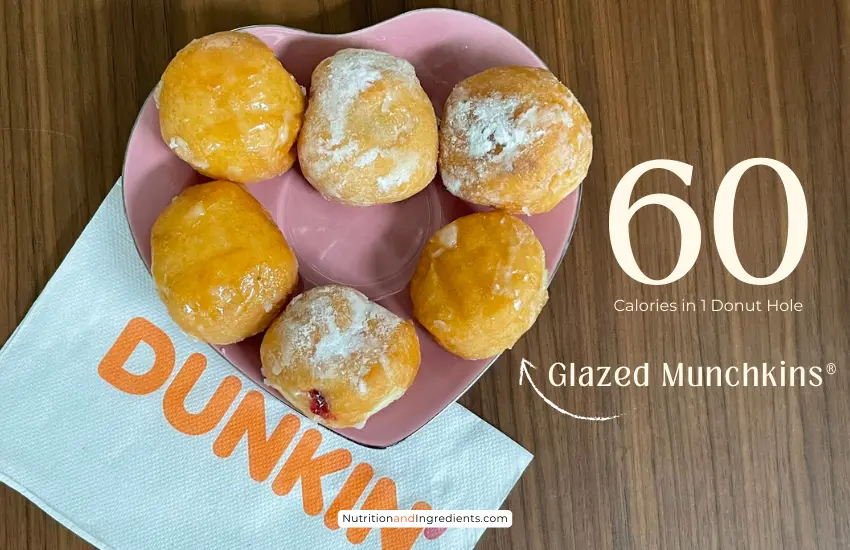 Small plate of 5 Dunkin' donut holes with text '60 calories per serving'.