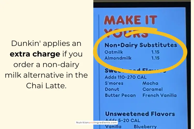 Dunkin' menu indicating extra charge for substitutions.