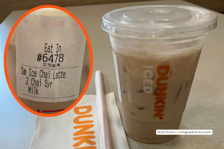 Dunkin' iced chai latte and order sticker.