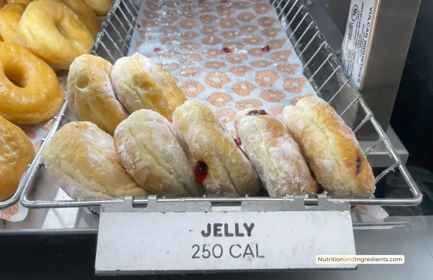 Jelly donuts on display at Dunkin' Donuts.