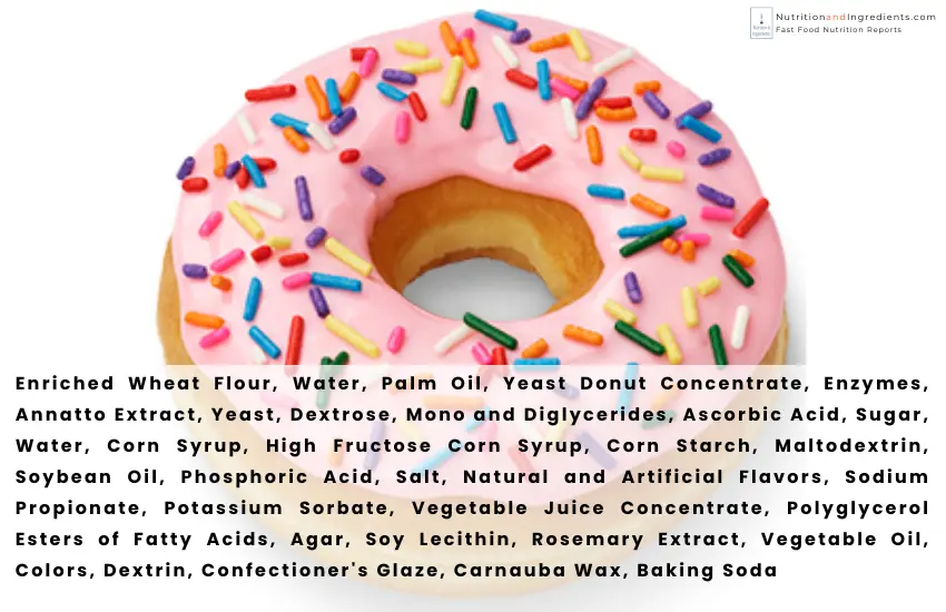 Dunkin' Strawberry Frosted donut with sprinkles and text list of ingredients