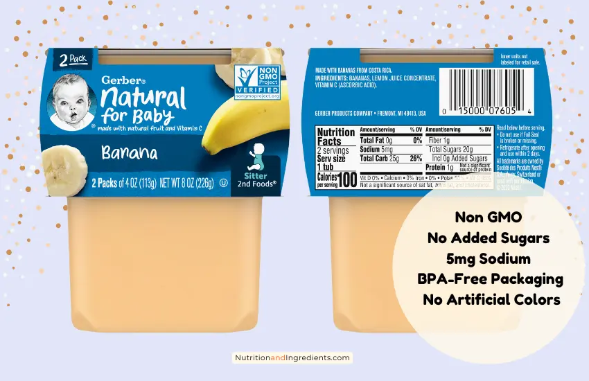 Front and back packaging of banana Gerber baby food.