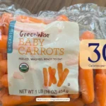 Bag of organic baby carrots with text '30 calories'.