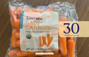 Bag of organic baby carrots with text '30 calories'.