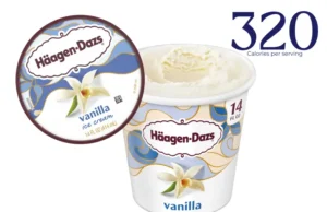 Container of Haagen-Dazs vanilla ice cream with text '320 calories.'