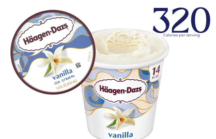 Container of Haagen-Dazs vanilla ice cream with text '320 calories.'